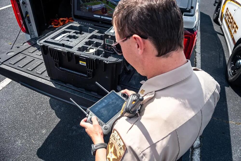 Bryan County Sheriff’s Office Deputy Campbell Grieninger performs a DJI Matrice 30T drone owned by the Sheriff’s department in Pembroke on June 19, 2025.The drone is used for search and rescue operations, as well as observing traffic violations.  Credit: Justin Taylor/The Current GA/CatchLight Local