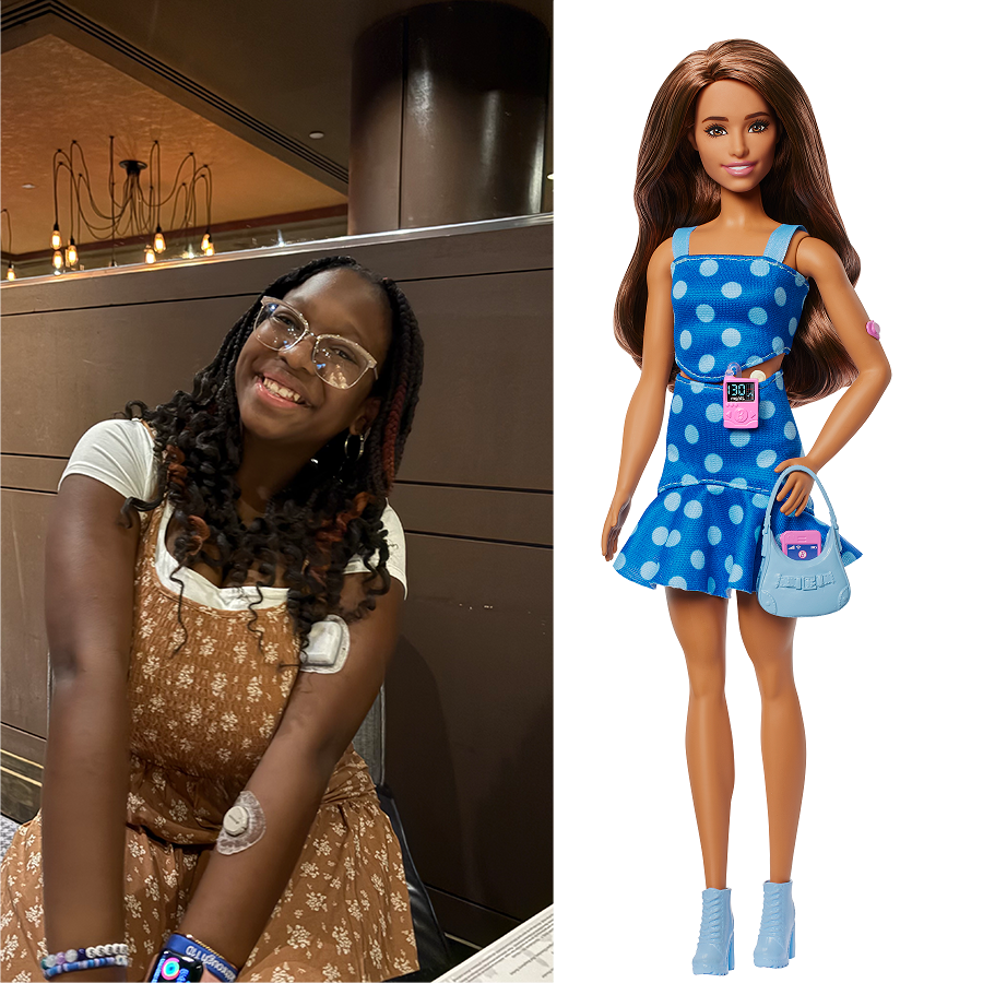 Torri-Symone Fairris poses next to a photo of a T1D Barbie