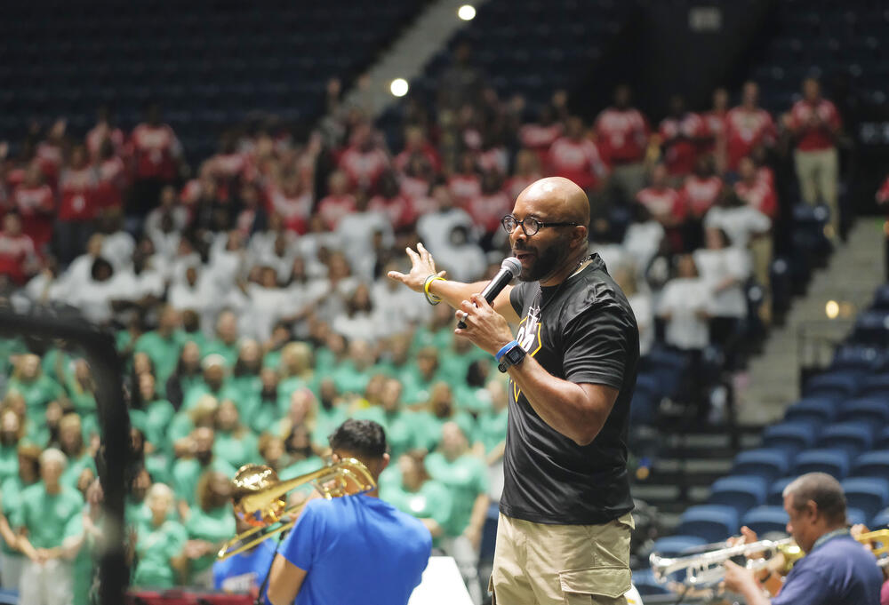 Bibb County Schools Superintendent Dan Sims speaking during the school system's convocation ceremony in July of 2023.
