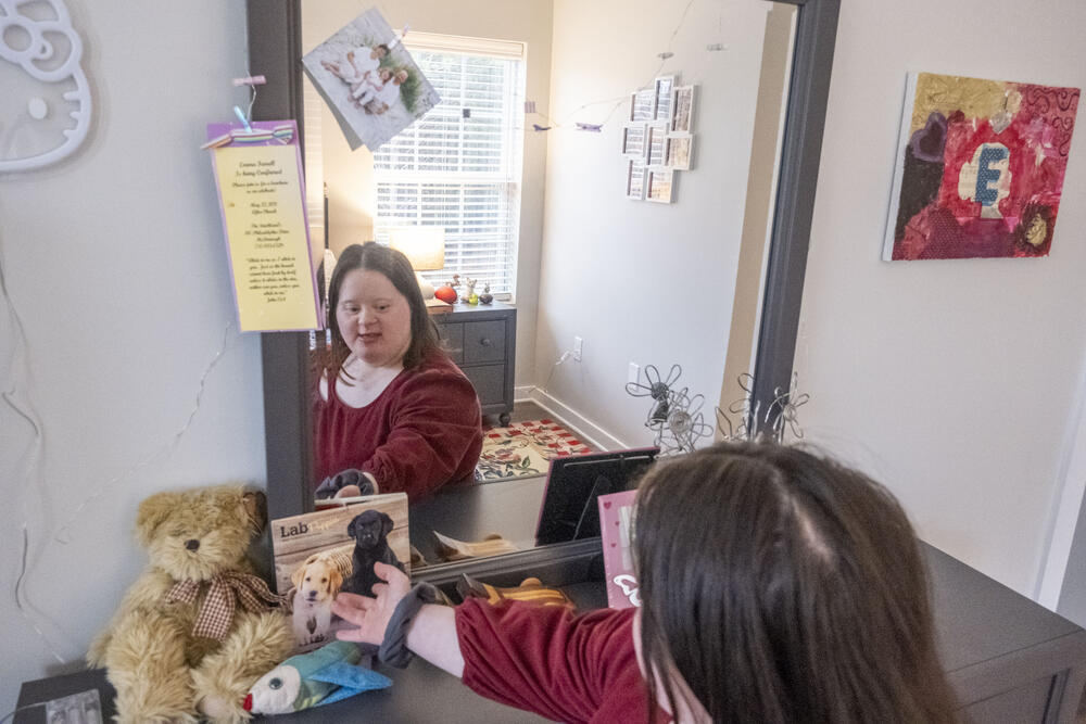 Emma Farrell gives a room tour at her new apartment in the Soaring Heights community in Conyers, Ga., in January 2025.