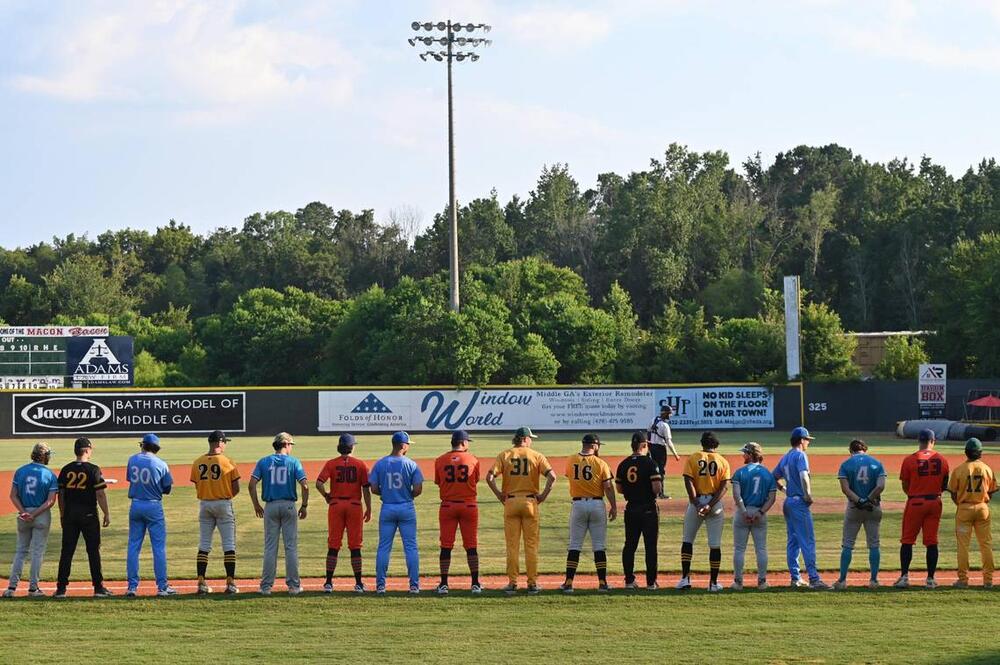 All-star players from across the Coastal Plains League line up during player introductions before the start of the Coastal Plains League All-Star Game on Monday, July 7, 2025, at Luther Williams Field in Macon, Georgia. The summer baseball collegiate Coastal Plains League, which includes the Macon Bacon, hosted its annual All-Star Game in Macon this year for the first time in the game’s 24 year history. Katie Tucker/The Telegraph