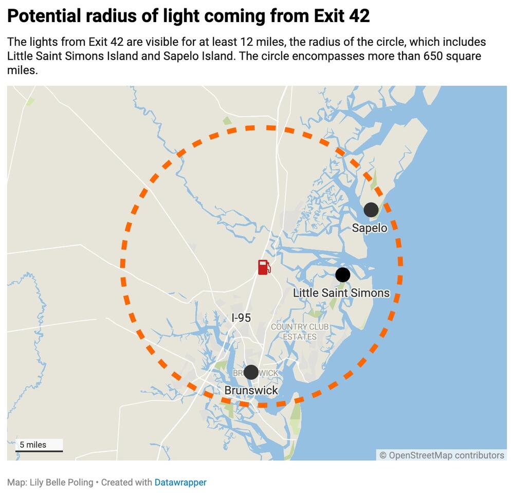 A map of the potential radius of light from a Buc-ee's station in Coastal Georgia