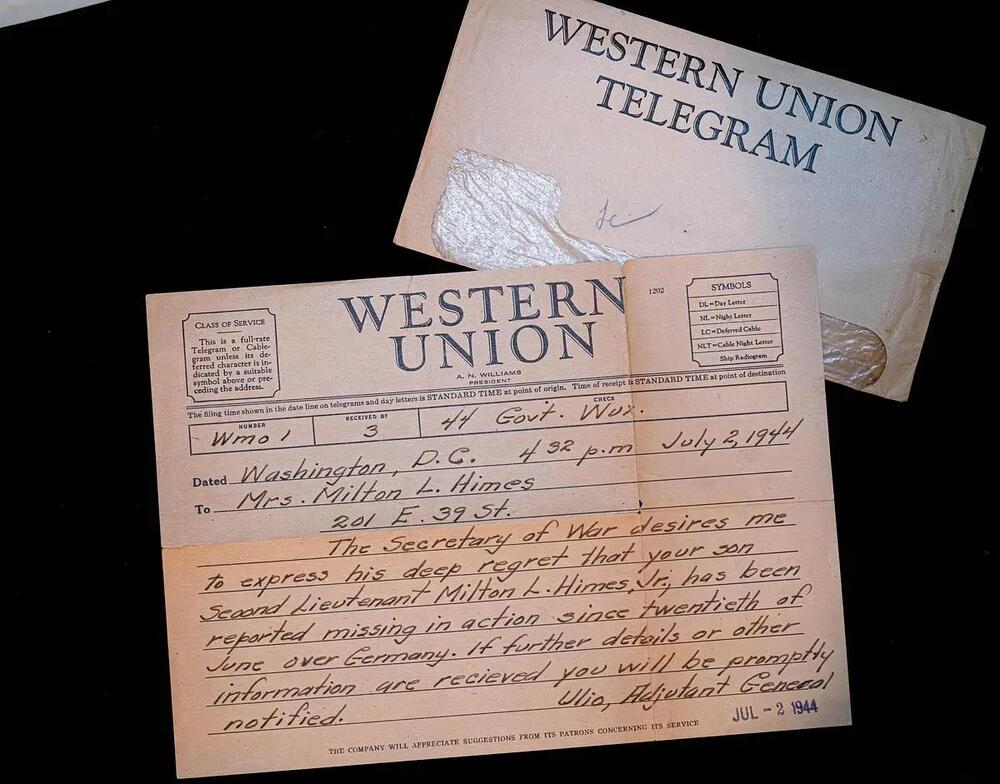 The Western Union telegram announcing that 2Lt. Milton Leonard Hymes, Jr, had been declared missing. On display at the Mighty Eighth Air Force Museum in Savannah, on July 18, 2025. Credit: Justin Taylor/The Current GA/CatchLight Local