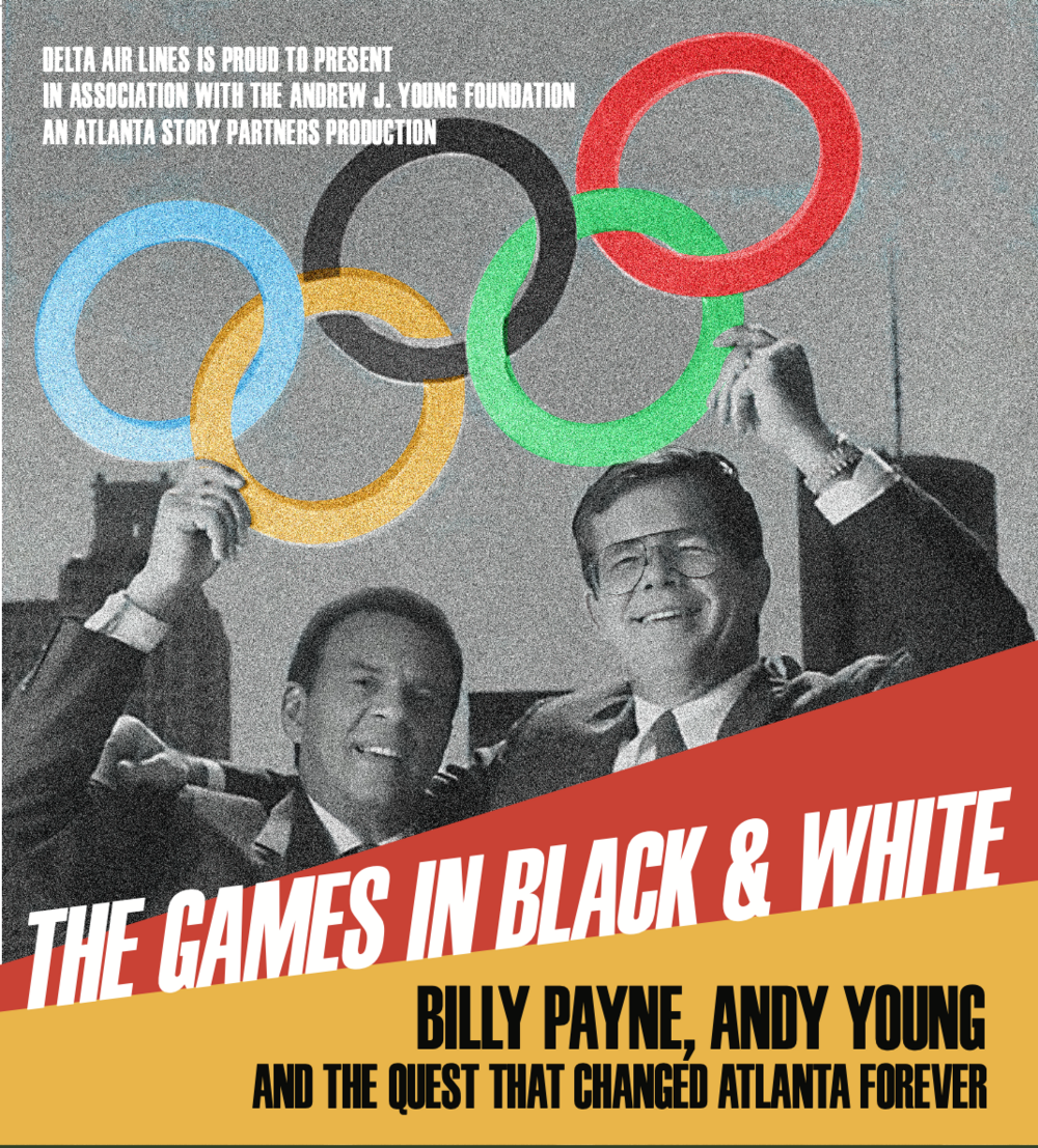 Two men holding up the Olympics Rings as the cover image of a documentary