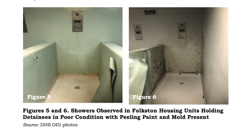 Figures 5 and 6. Showers Observed in Folkston Housing Units Holding Detainees in Poor Condition with Peeling Paint and Mold Present.