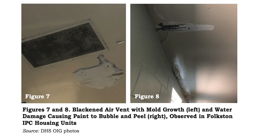 Figures 7 and 8. Blackened Air Vent with Mold Growth (left) and Water Damage Causing Paint to Bubble and Peel (right), Observed in Folkston IPC Housing Units.