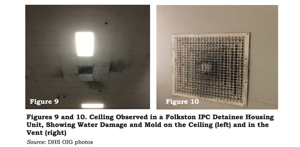 Figures 9 and 10. Ceiling Observed in a Folkston IPC Detainee Housing Unit, Showing Water Damage and Mold on the Ceiling (left) and in the Vent (right) Source: DHS OIG photos