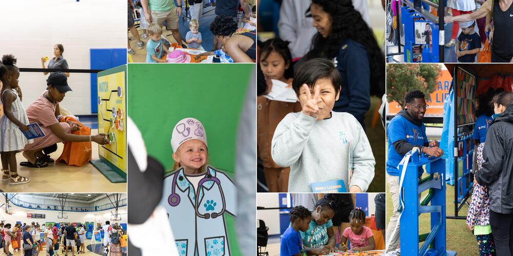 This image is a collage that shows a variety of children and different families playing at PNC's Mobile Learning Adventure.