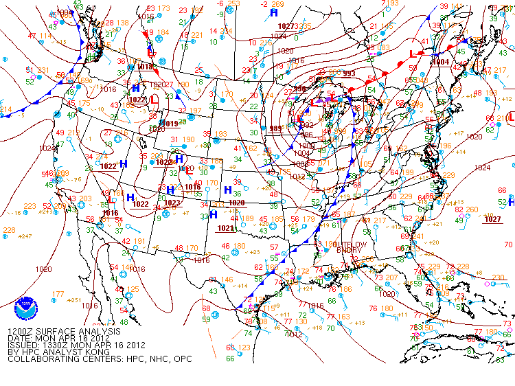 Surface weather map for Monday, April 16, 2012.  (Courtesy: NOAA, NWS, and the HPC)
