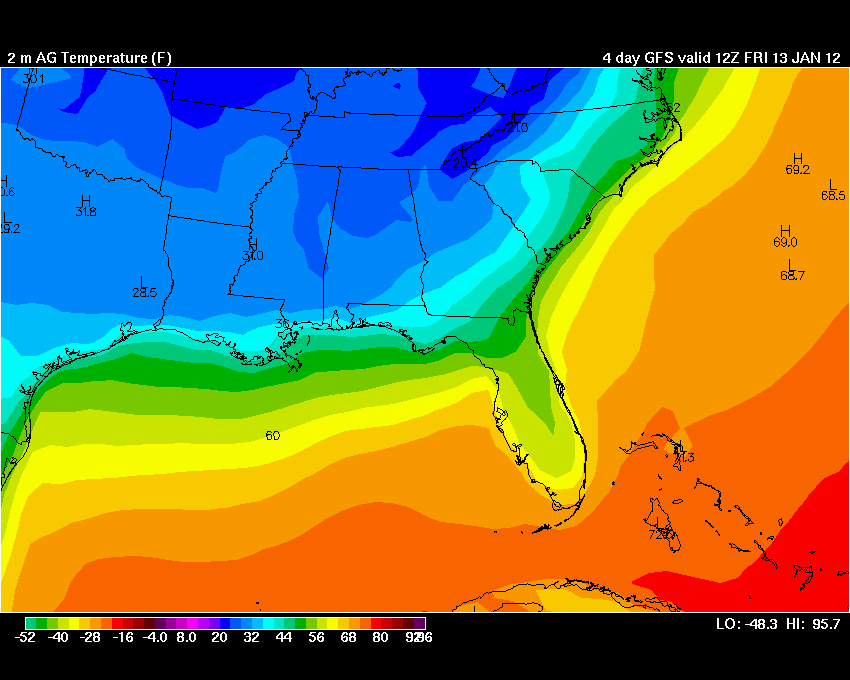 Forecast temperatures for 7am Friday, January 13, 2012.  Image courtesy of Wright-Weather.com