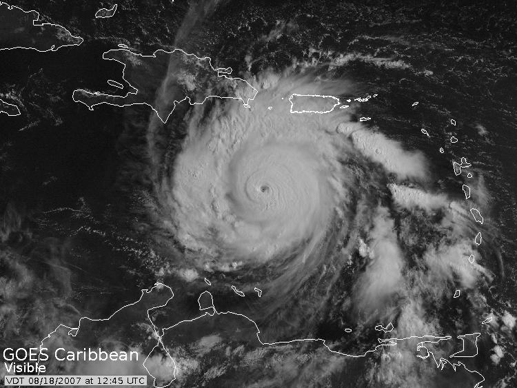 Visible satellite imagery of Hurricane Dean from August 18, 2007.