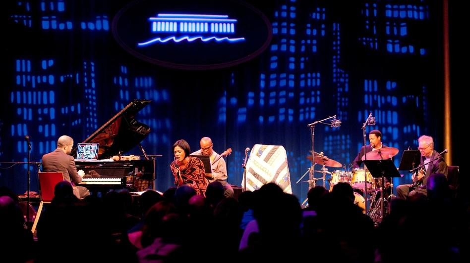 Jason Jason Moran (left), Alicia Hall Moran (center), The Bandwagon and Bill Frisell (right) perform at the KC Jazz Club