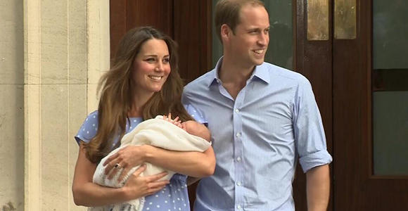 Kate Middleton and Prince William emerge with their new infant son. Might they name him George- like George Crawley? (Photo BBC)
