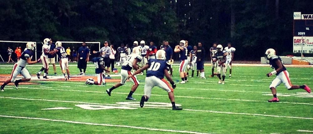 The North Cobb Warriors prepare for the Indians with "skelly" during Tuesday's practice to work on reading, adjusting and timing