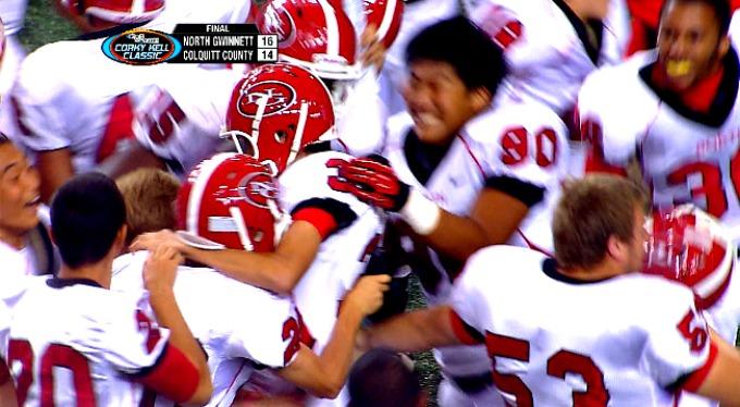 The North Gwinnett Bulldogs celebrate a touchdown in the 2012 Corky Kell Classic.