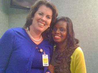 Vicki Davis and I are all smiles after being dolled up in the make-up room.