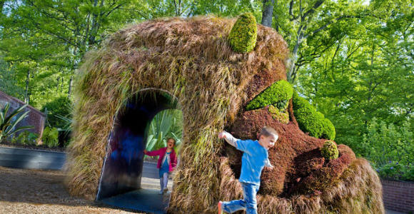 Kids can run through the giant ogre, one of the featured plant sculptures of Imaginary Worlds. Photo Atlanta Botanical Garden.