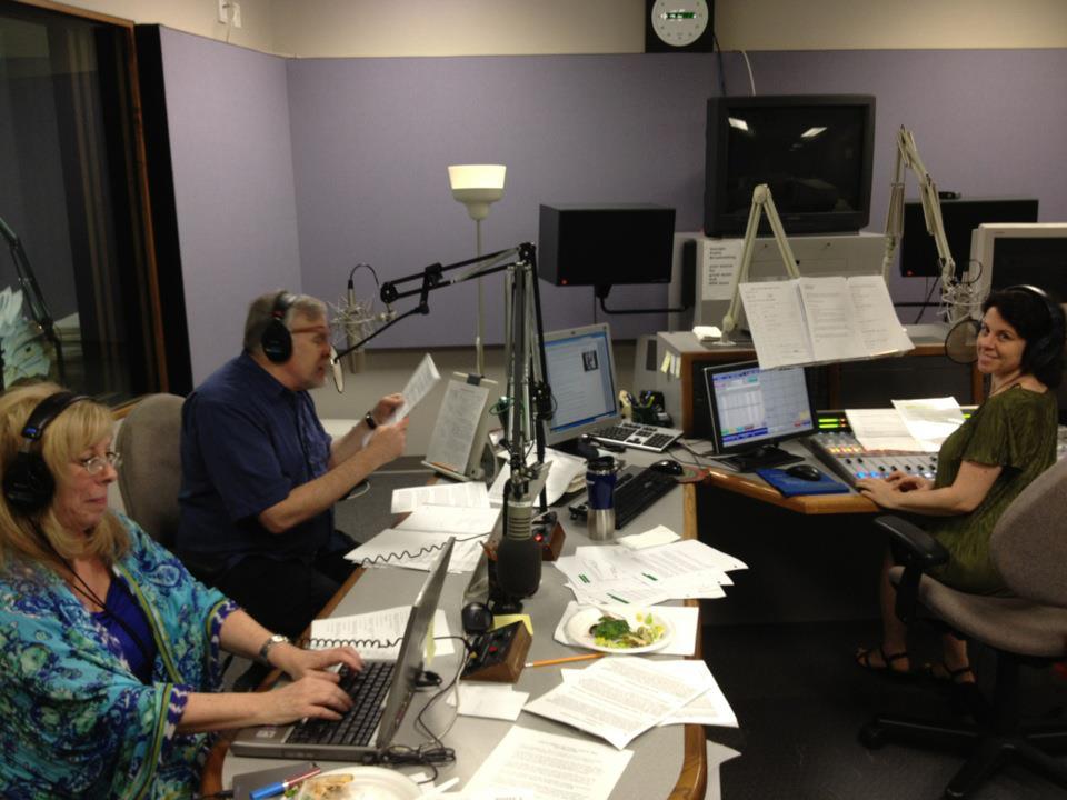 GPB Radio control room in the thick of a drive.  Left to right: Pat Marcus, Eric Nauert, Sarah Zaslaw.