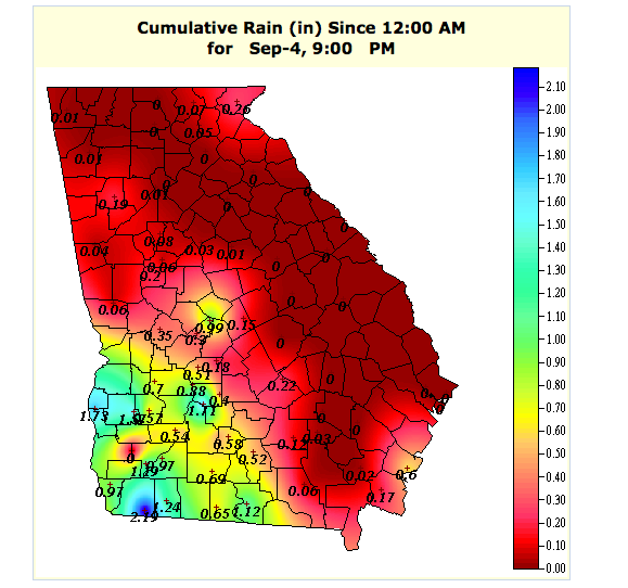 The total amount of rainfall from 12am through 9pm on Sunday, September 4th.  Image courtesy of GeorgiaWeather.net