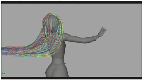 A computer model depicting simulatd strands of hair.  Image courtesy of Disney and ScienceFriday.com