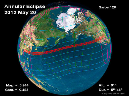 Map of the annular solar eclipse on Sunday, May 20, 2012.  Image courtesy of NASA