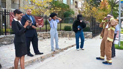 (Atlanta) Preparing for the shoot.  From left: Rachel Daniels, Derek Haynes, Patrick Edmond, Andrew MacCartney and Carl Zornes.