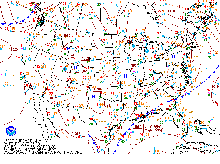 October 28, 2011 Surface Map, Courtesy of the Hydrological Prediction Center and NOAA