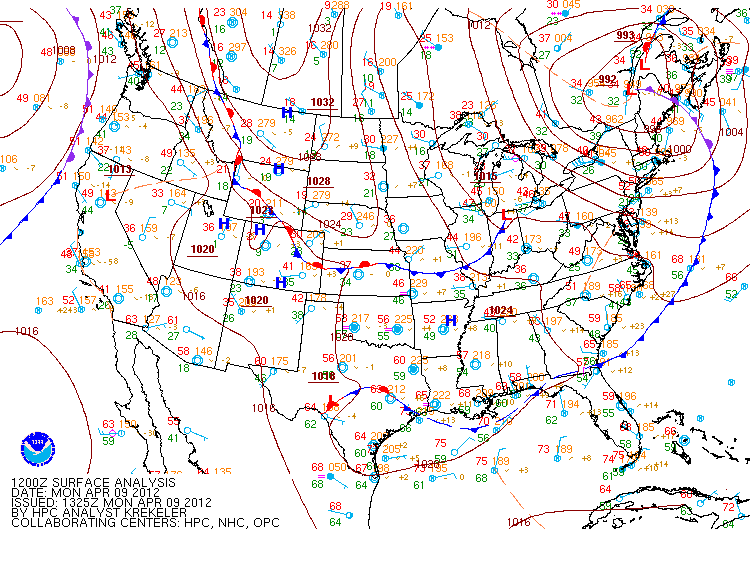 Surface weather map for Monday, April 9, 2012.  (Courtesy: NOAA, NWS, and the HPC)