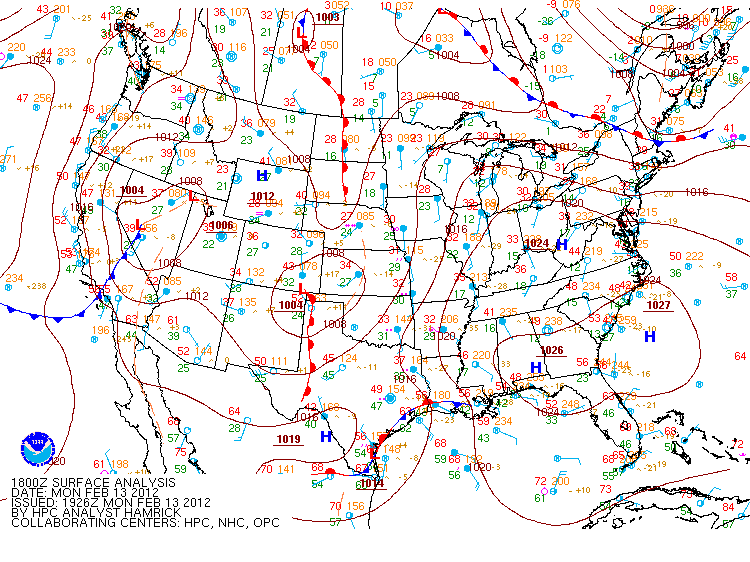 Surface weather map for Monday, February 13, 2012.  (Courtesy: NOAA, NWS, and the HPC)
