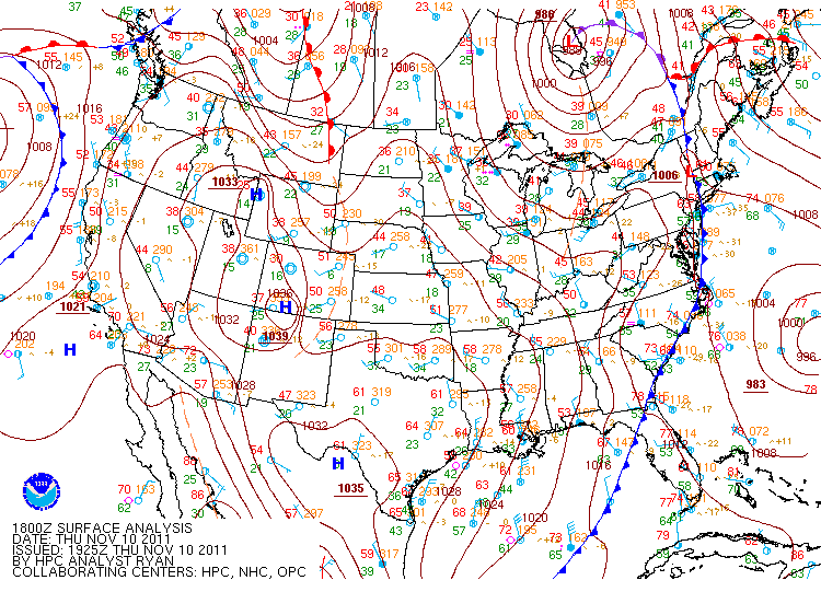 US Surface Weather Map, Courtesy of the Hydrological Prediction Center and NOAA