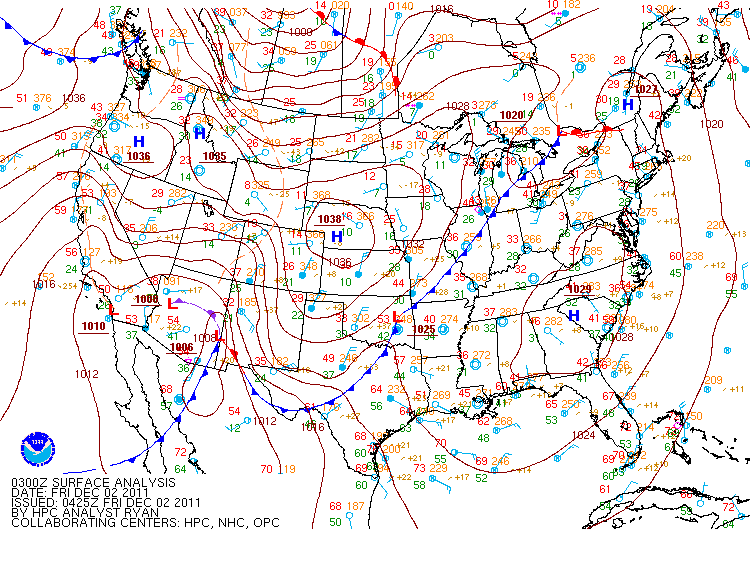 US Surface Weather Map, Courtesy of the Hydrological Prediction Center and NOAA