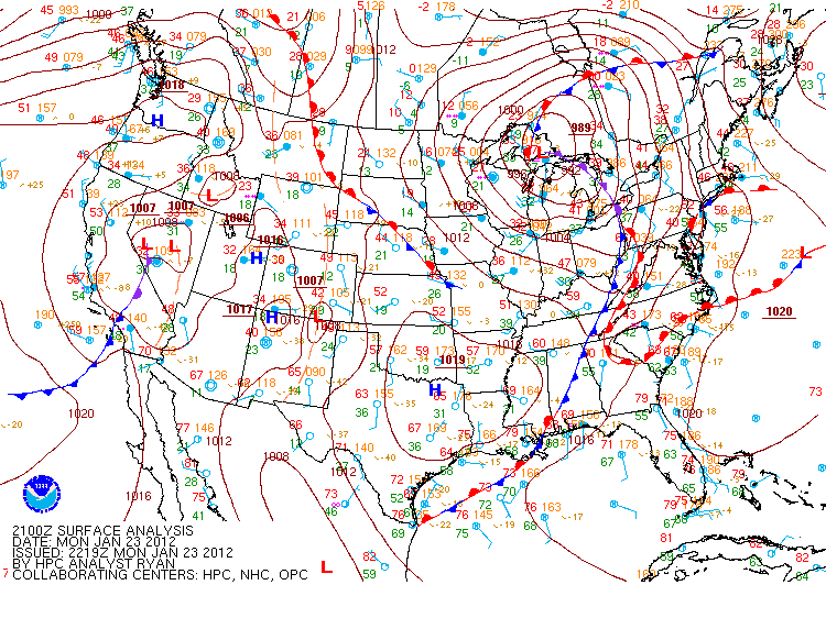Surface weather map for January 23, 2011.  Map courtesy of the NWS, NOAA, and the HPC.