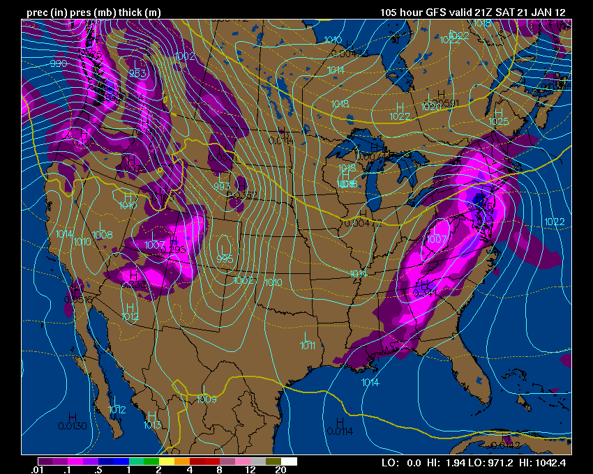 GFS Model Output for the surface precipitation on Saturday, January 20th.  Courtesy of Wright-Weather.com