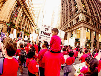 Chicago teachers rally during the walk out. Image courtesy flickr photostream kirstiecat.