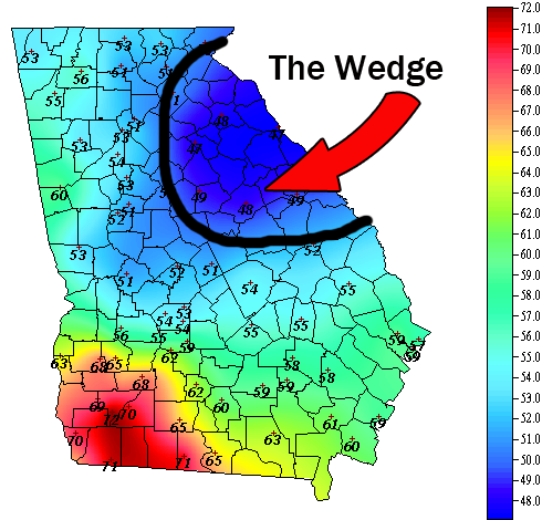 "The Wedge", a weather pattern characterized by a pool of cold air.  Image couretsy of GeorgiaWeather.net.