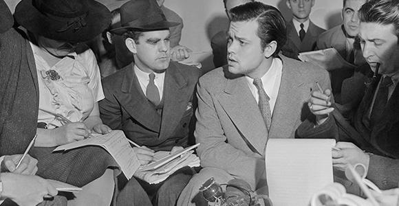 Orson Welles Explaining Radio Broadcast at Press Conference, October 31, 1938. (Courtesy PBS.)