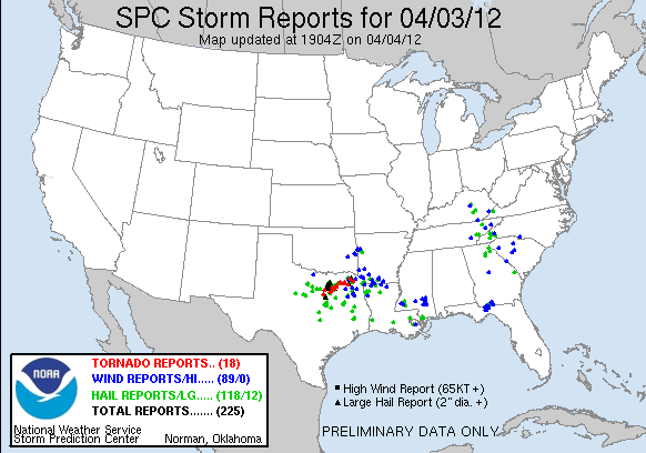Storm Reports for Tuesday, April 3, 2012.  Courtesy of the Storm Prediction Center.