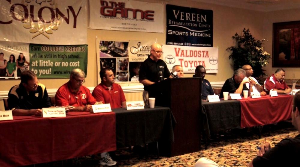 Mark Dykes addresses fans and media gathered to hear from some of South Georgia's most highly-esteemed football coaches.