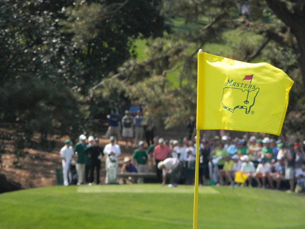 A view of a flag at a hole on Augusta National Golf Course during The Masters Tournament.