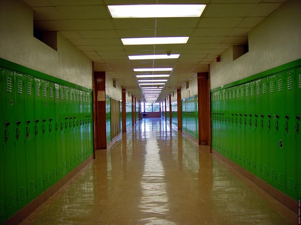 An empty high school hallway is shown in this undated photo.