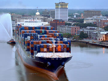 A ship sails on Savannah Harbor. 