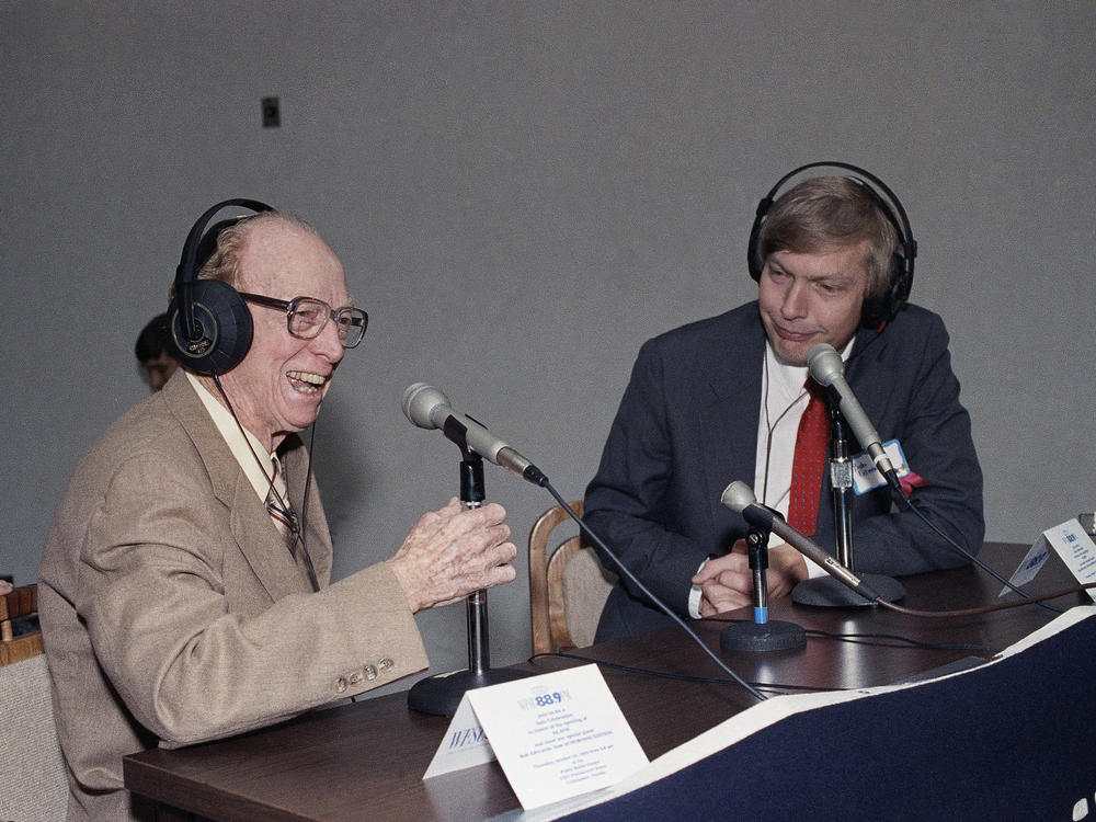Sports broadcaster Red Barber with NPR's Bob Edwards in 1992. Edwards talked to Barber every week on <em>Morning Edition.</em>
