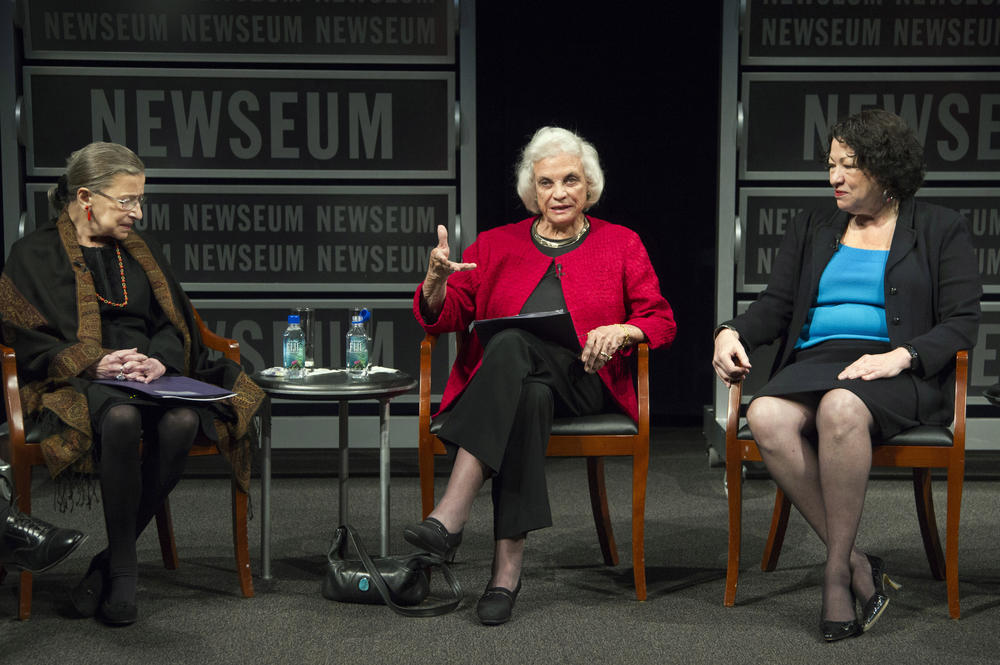 Former Supreme Court Justice Sandra Day O'Connor (center), with Supreme Court Justice Ruth Bader Ginsburg (left) and Sonia Sotomayor (right), speaks during a forum to celebrate the 30th anniversary of O'Connor's appointment to the Supreme Court, at the Newseum in Washington, D.C., on April 11, 2012.