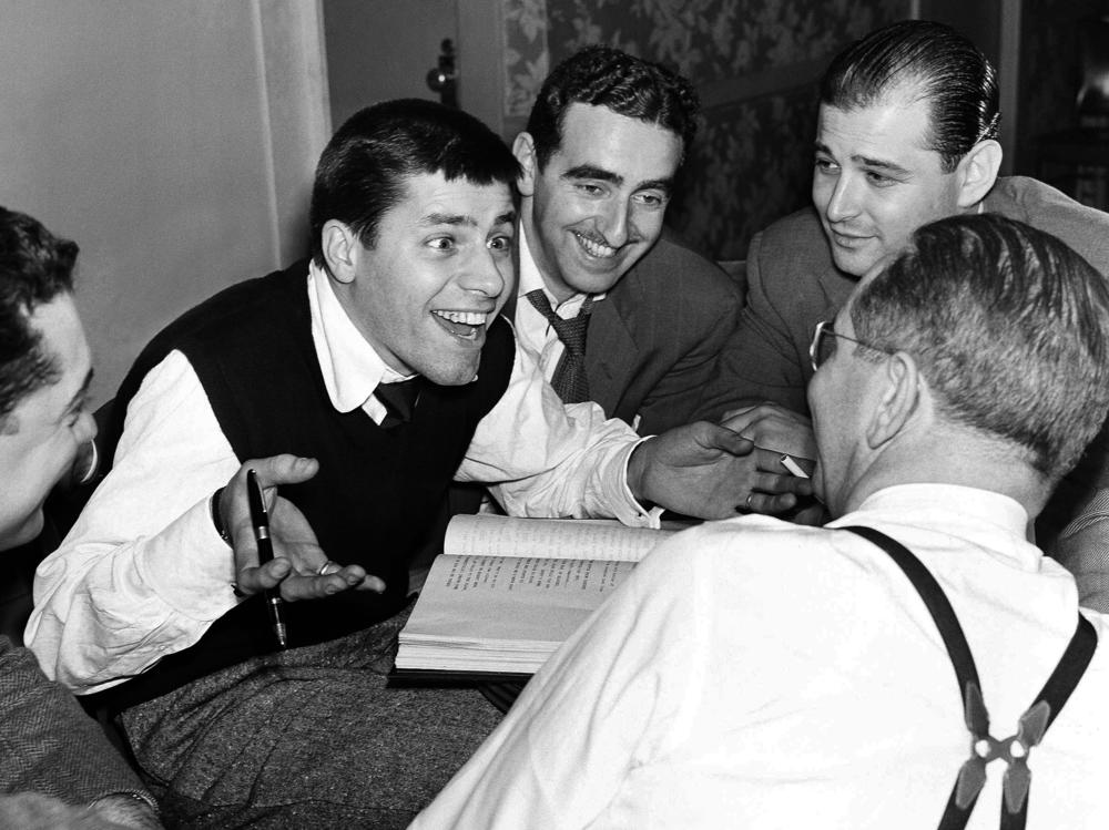 Television writers join Jerry Lewis as they rehearse in May 1951. From left, Kingman T. Moore, Jerry Lewis, Ed Simmons, Norman Lear and Ernie Glucksman.