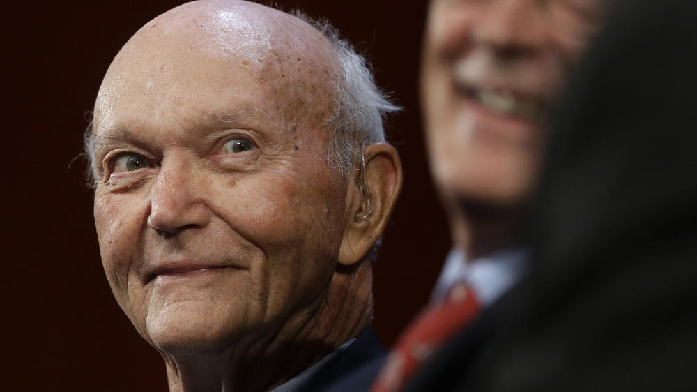 Apollo 11 astronaut Michael Collins (left) with Apollo 16 astronaut Charles Duke at a 2014 event in Cambridge, Mass.