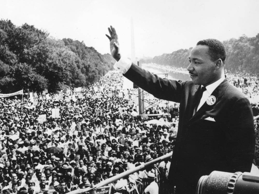 Civil rights leader Martin Luther King Jr. addresses the crowd at the Lincoln Memorial in Washington, D.C., where he gave his 
