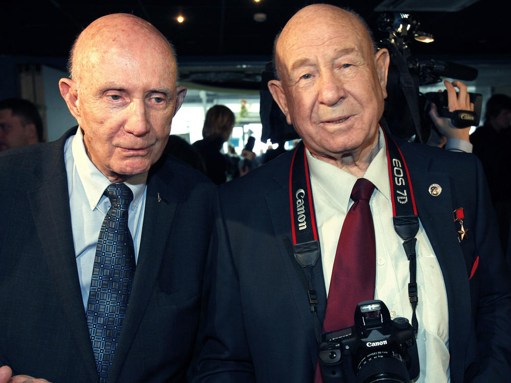 Retired space pioneers Tom Stafford of the U.S. (left) and Alexey Leonov of Russia meet in Moscow in 2011 for the 50th anniversary of the first man in space, Russian Yuri Gagarin.
