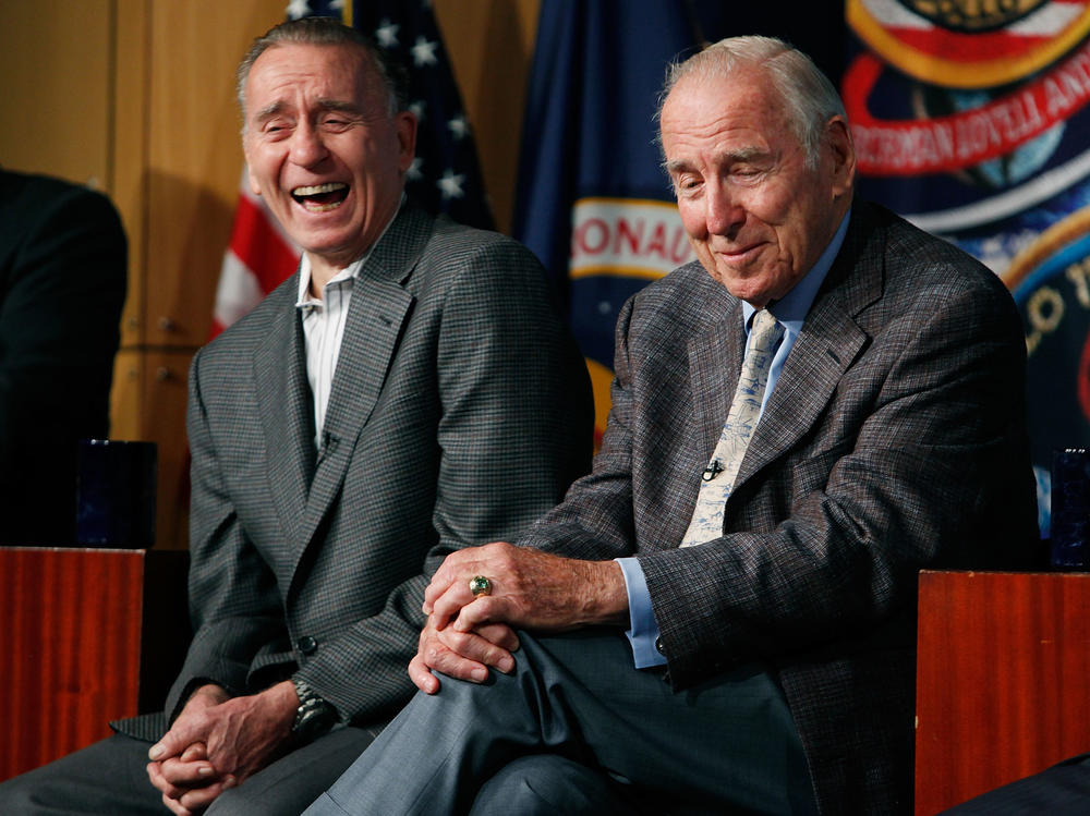 Astronauts Walt Cunningham (left) of Apollo 7, and Jim Lovell of Apollo 8 and Apollo 13, participate in an event in Washington marking the 40th anniversary anniversary of the first moon landing.