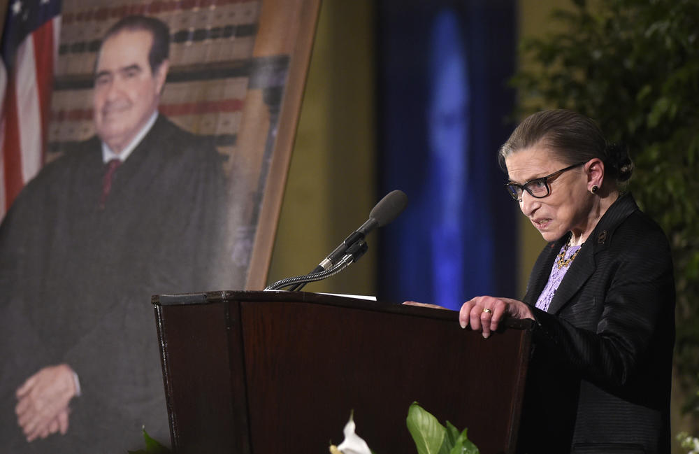 Ginsburg speaks at a memorial service for Supreme Court Justice Antonin Scalia at the Mayflower Hotel in Washington in March 2016.