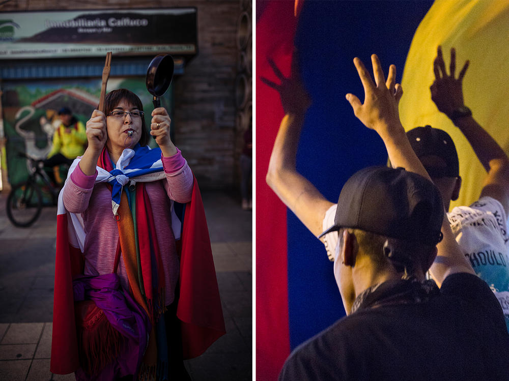 (Left) A woman protests wearing the Chilean flag at the Valdivia Square in Chile. (Right) Protesters raise their hands in Bogotá, Colombia.